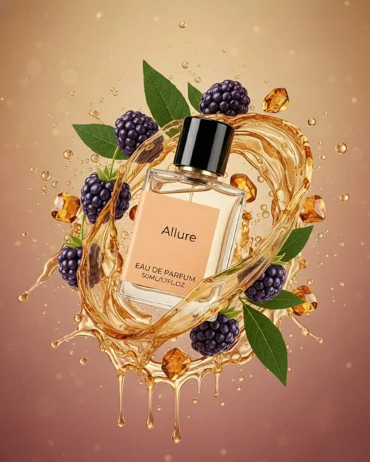 Allure perfume bottle with blackberries, green leaves, amber crystals, and golden liquid splash