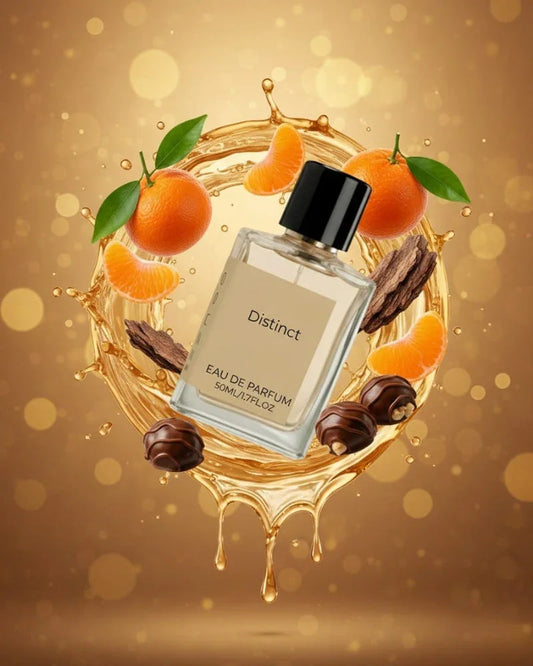 Distinct Eau de Parfum bottle with tangerines, chocolate, and vanilla on a golden background