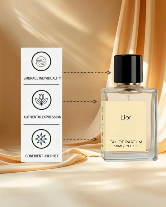 Lior eau de parfum 50ml bottle on satin background with fragrance qualities listed beside it.