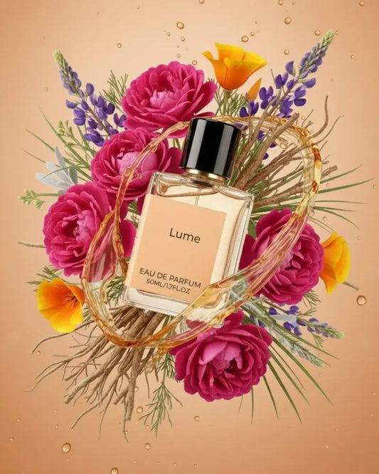 Lume perfume bottle with floral accents, featuring pink roses, lavender, and golden petals.