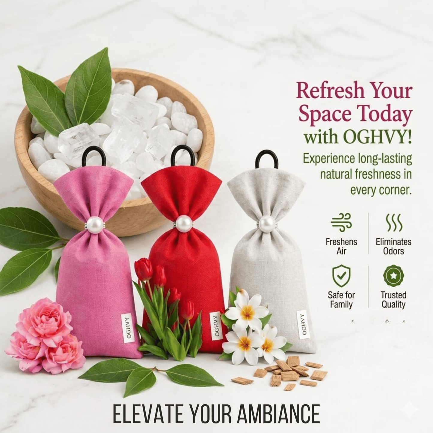 Natural Camphor Pouches – Pack of 3 | Odor Eliminator & Air Freshener.