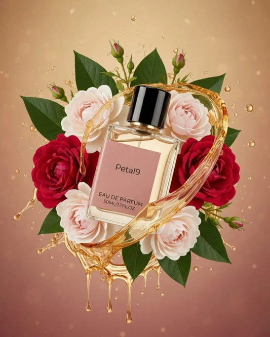 Petal9 eau de parfum bottle with roses, leaves, and golden liquid splash on a gradient background