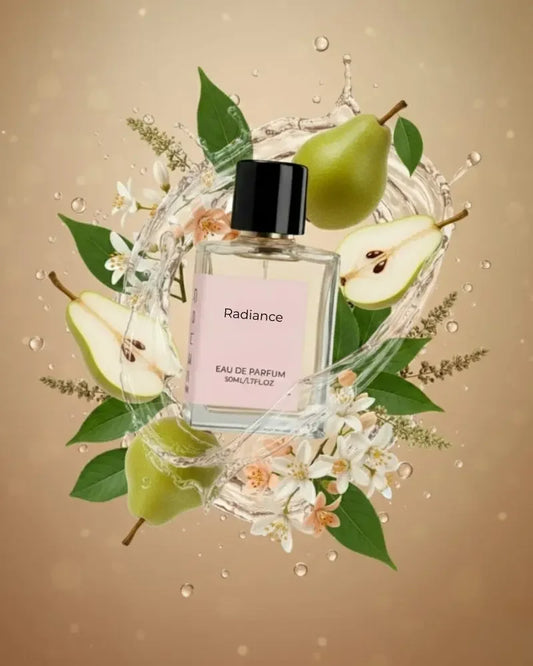 Radiance perfume bottle with pears, white flowers, and water splash on beige background