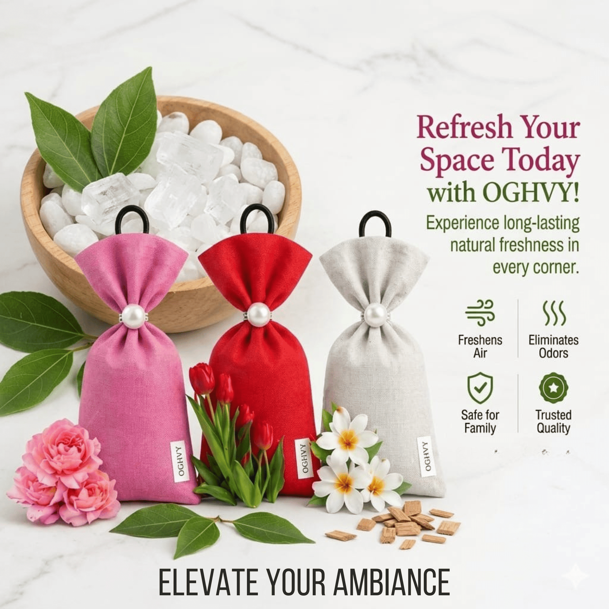 Natural Camphor Pouches – Pack of 3 | Odor Eliminator & Air Freshener.